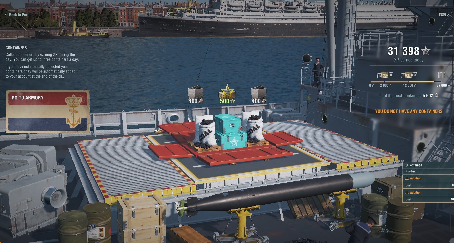 how often do you get coal/xp/coal in daily resource container